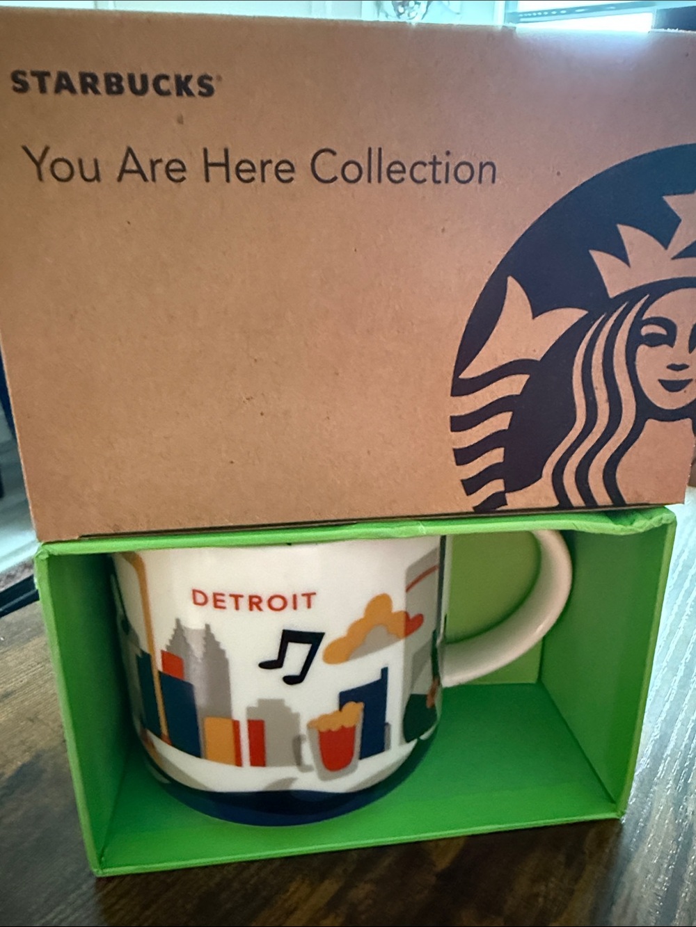 Starbucks Detroit Skyline Mug in White with Blue, Orange and Green Accents